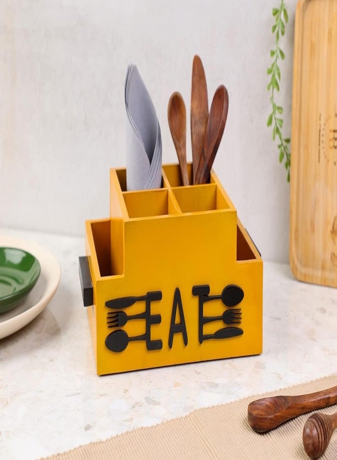 dudki Wooden Dining table Organizer | Cutlery holder | Kitchen Holder | Desk Organizer | Decorative Caddy Box |Office Desk Multipurpose (Yellow) - Image 2